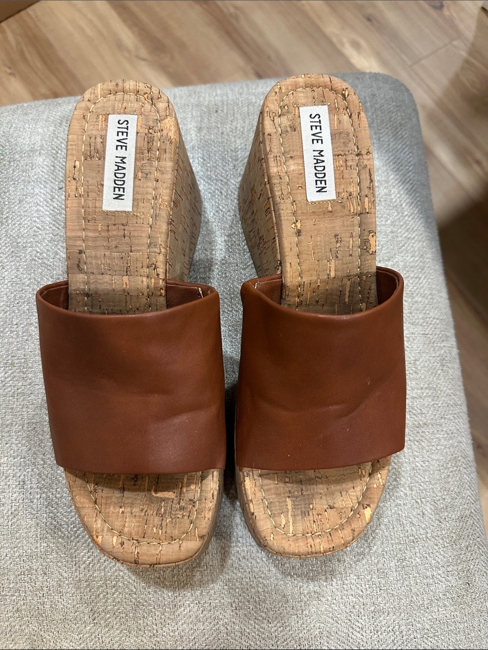 Steve Madden Tan Leather Cork Wedge Slide Sandals